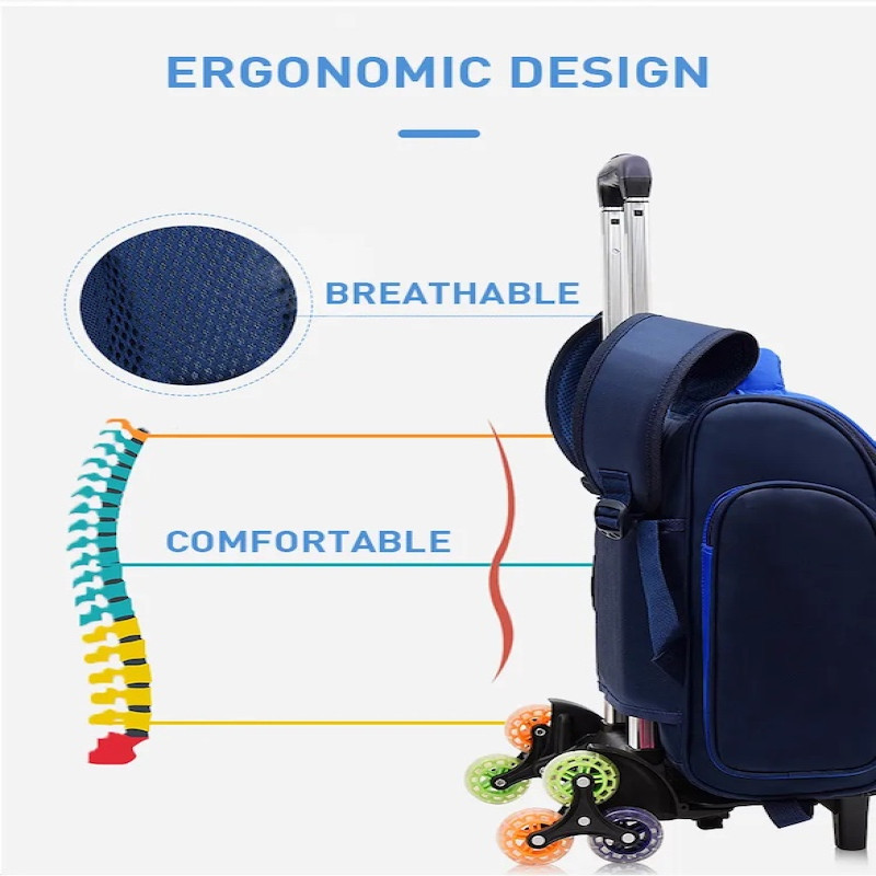 Waterproof 6 Wheel Trolley Backpack Adjustable Handle School Bag Blue